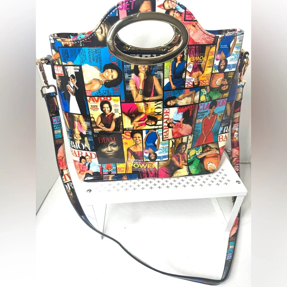 Michelle Obama Colorful Graphic Glossy Collage Handbag Zippered Closure Clutch